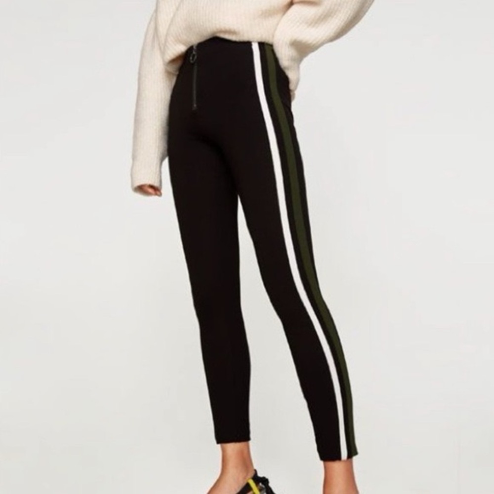 Zara Black Leggings with White and Green Stripes